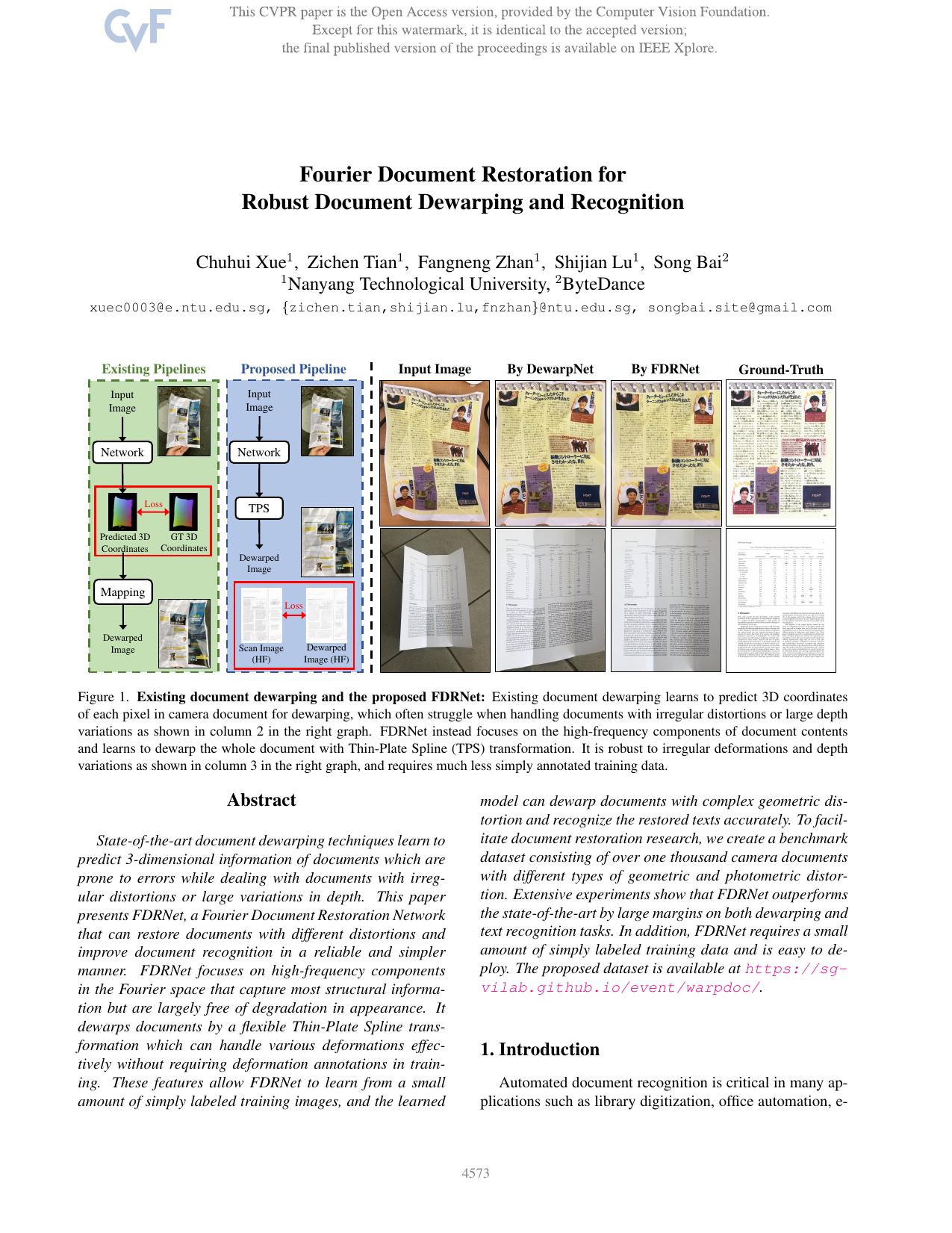 Fourier Document Restoration for Robust Document Dewarping and Recognition by Chuhui Xue & Zichen Tian & Fangneng Zhan & Shijian Lu & Song Bai