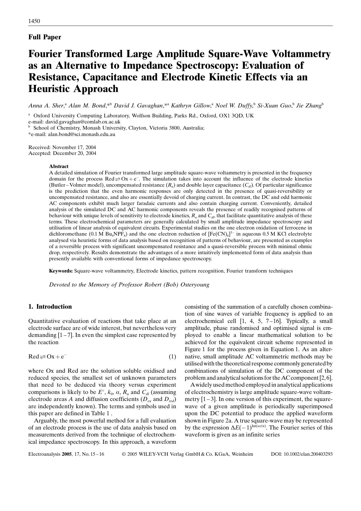 Fourier Transformed Large Amplitude Square-Wave Voltammetry as an Alternative to Impedance Spectroscopy: Evaluation of Resistance, Capacitance and Electrode Kinetic Effects via an Heuristic Approach by Unknown