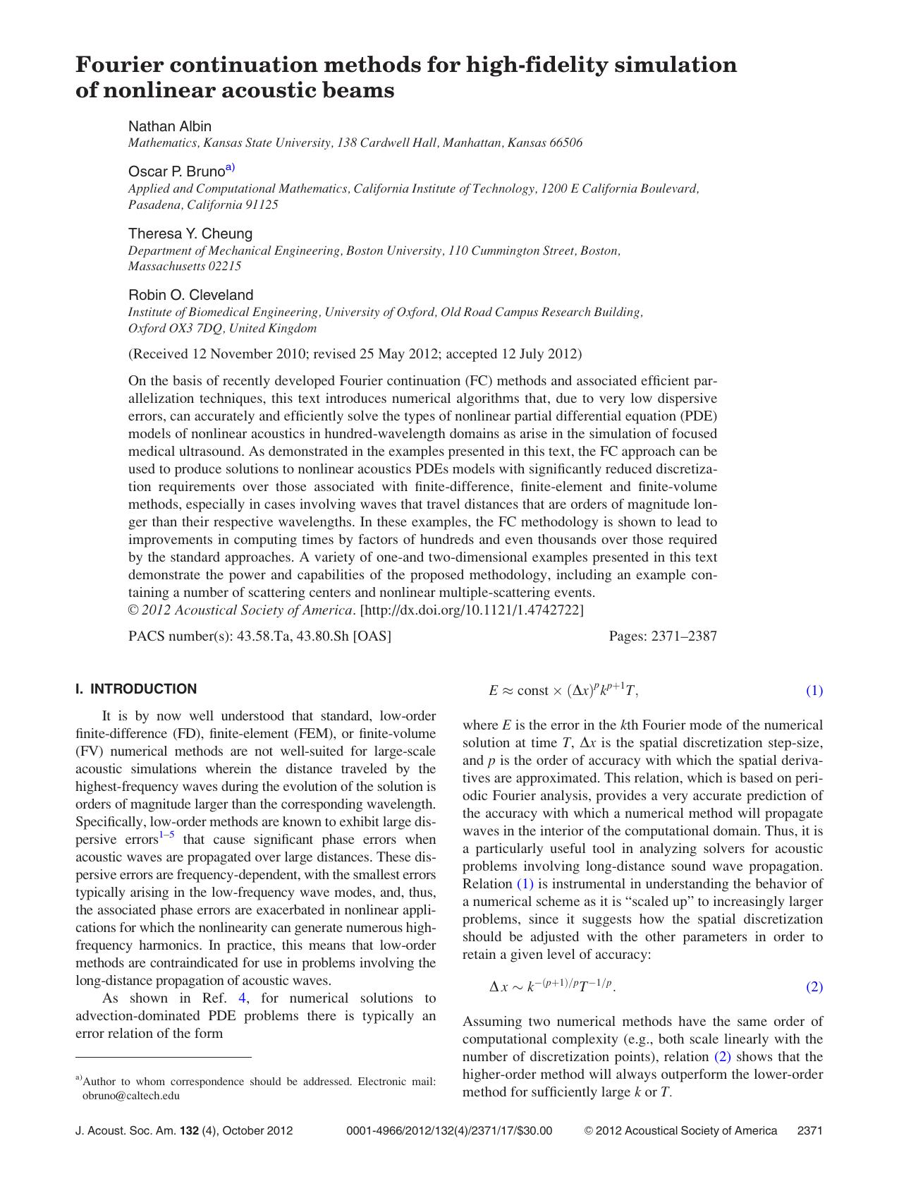 Fourier continuation methods for high-fidelity simulation of nonlinear acoustic beams by Nathan Albin Oscar P. Brunoa) Theresa Y. Cheung and Robin O. Cleveland