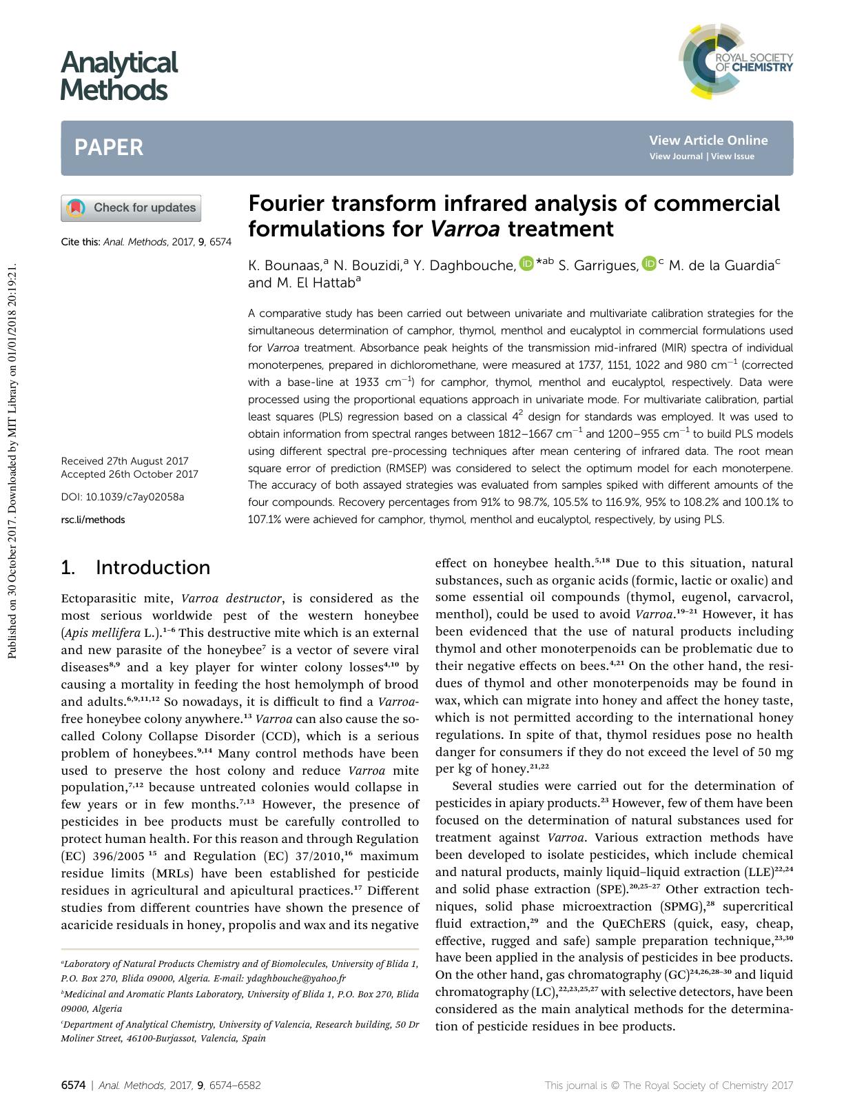 Fourier transform infrared analysis of commercial formulations for Varroa treatment by K. Bounaas & N. Bouzidi & Y. Daghbouche & S. Garrigues & M. de la Guardia & M. El Hattab