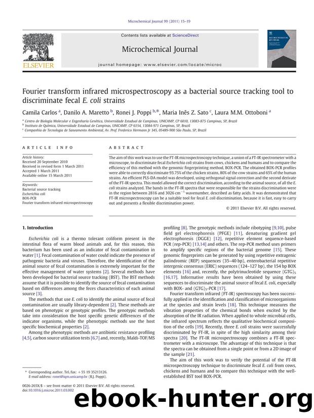 Fourier transform infrared microspectroscopy as a bacterial source tracking tool to discriminate fecal E. coli strains by Camila Carlos & Danilo A. Maretto & Ronei J. Poppi & Maria Inês Z. Sato & Laura M.M. Ottoboni