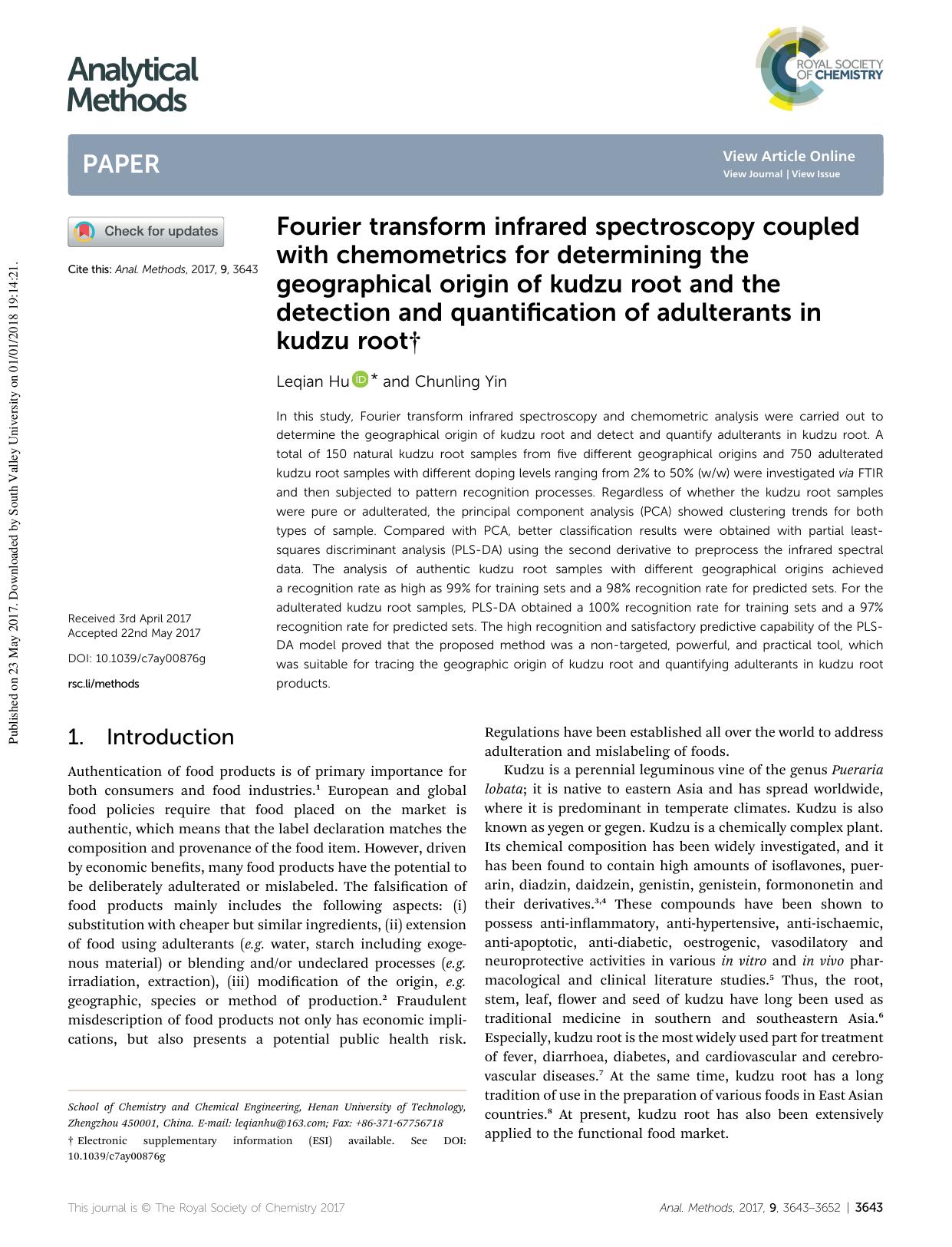Fourier transform infrared spectroscopy coupled with chemometrics for determining the geographical origin of kudzu root and the detection and quantification of adulterants in kudzu root by Leqian Hu & Chunling Yin