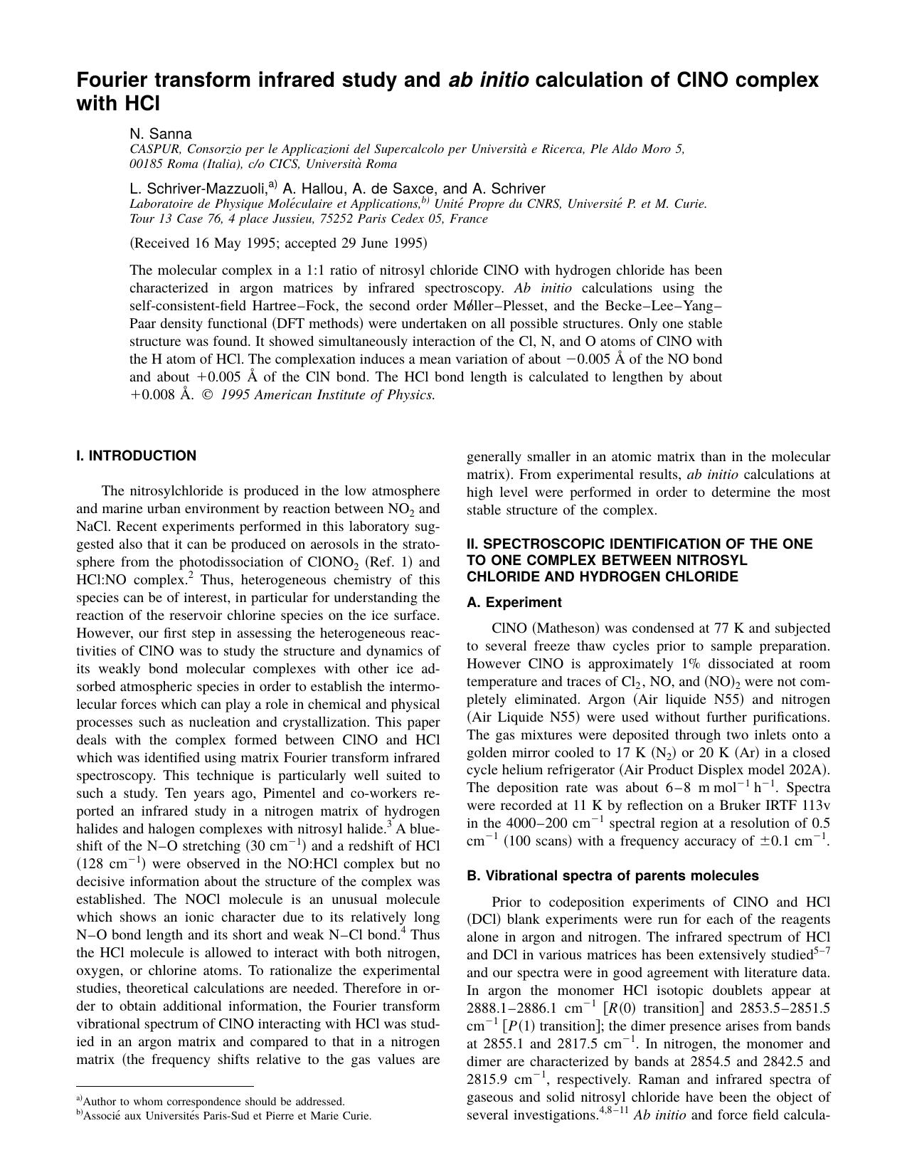 Fourier transform infrared study and ab initio calculation of ClNO complex with HCl by N. Sanna & L. Schriver-Mazzuoli & A. Hallou & A. de Saxce & and A. Schriver