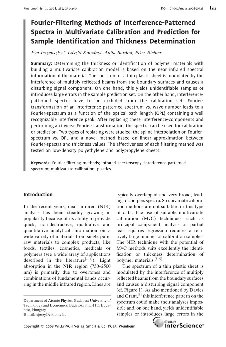 Fourier-Filtering Methods of Interference-Patterned Spectra in Multivariate Calibration and Prediction for Sample Identification and Thickness Determination by Unknown
