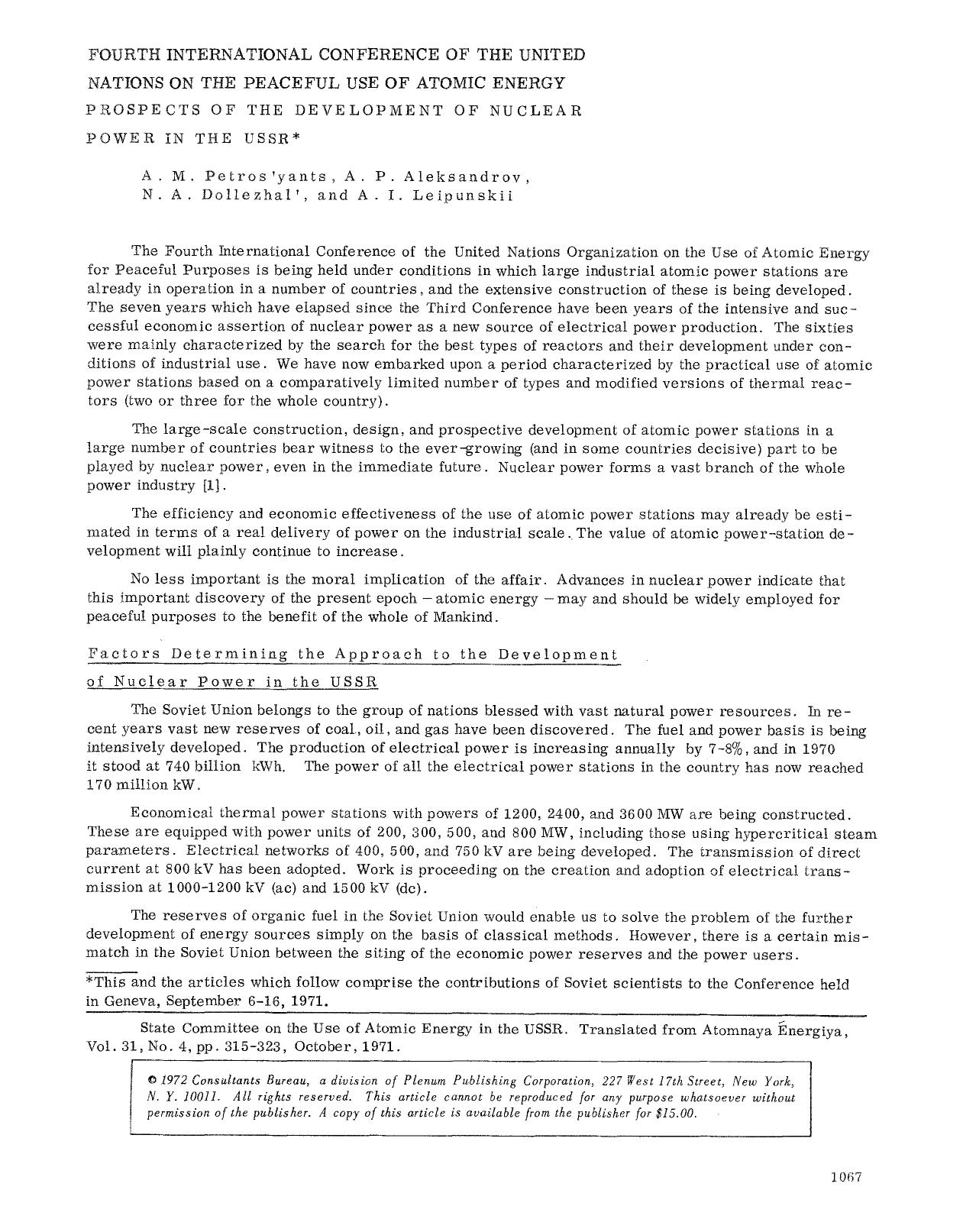 Fourth International Conference of the United Nations on the Peaceful Use of Atomic Energy Prospects of the Development of Nuclear Power in the USSR by Unknown