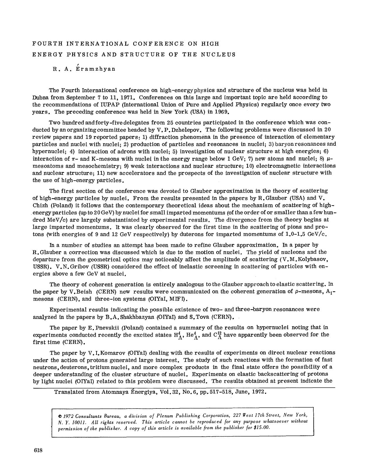 Fourth International Conference on High Energy Physics and Structure of the Nucleus by Unknown