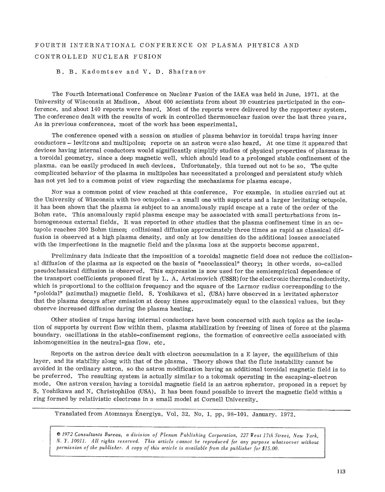 Fourth International Conference on Plasma Physics and Controlled Nuclear Fusion by Unknown