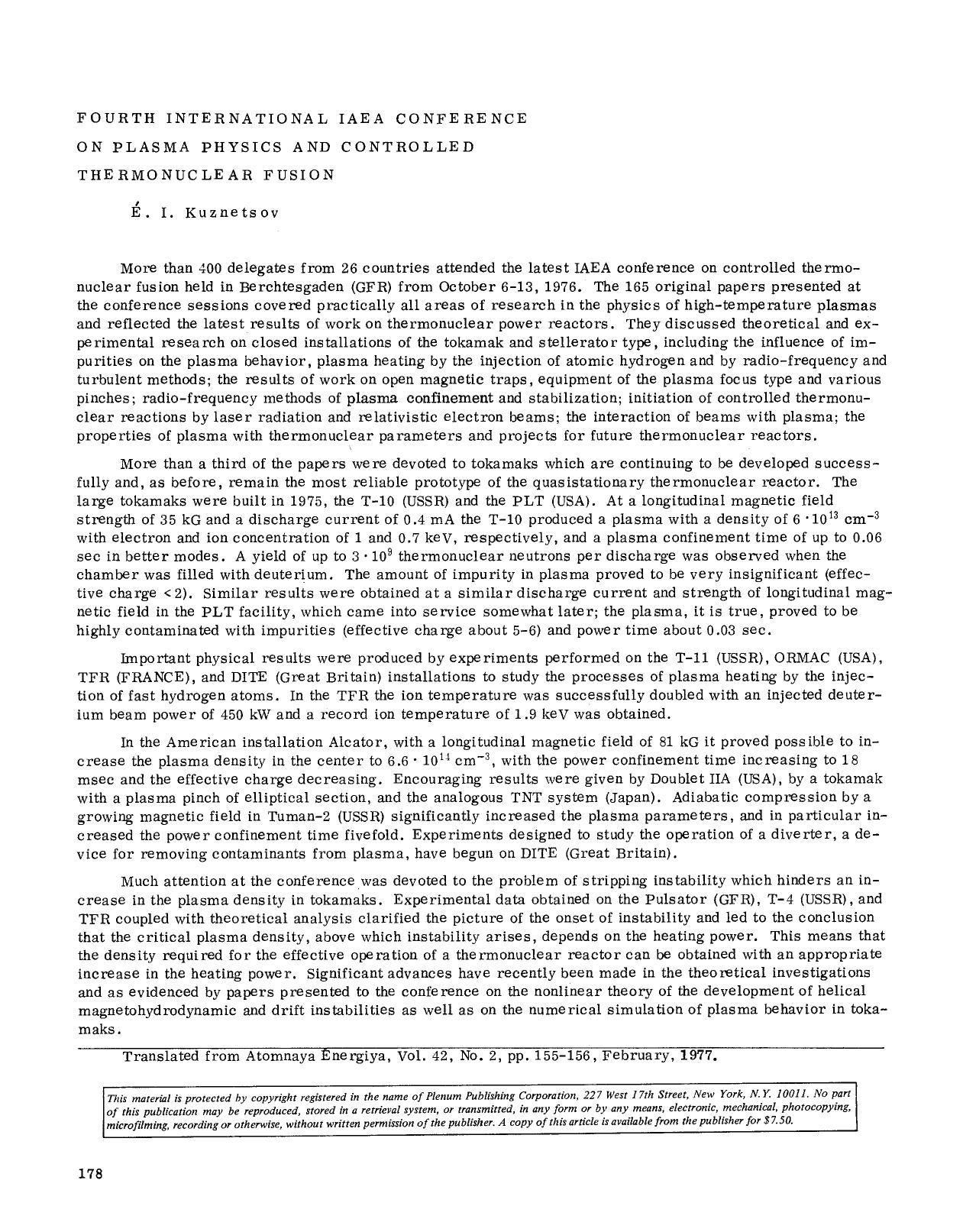 Fourth International IAEA Conference on Plasma Physics and Controlled Thermonuclear Fusion by Unknown