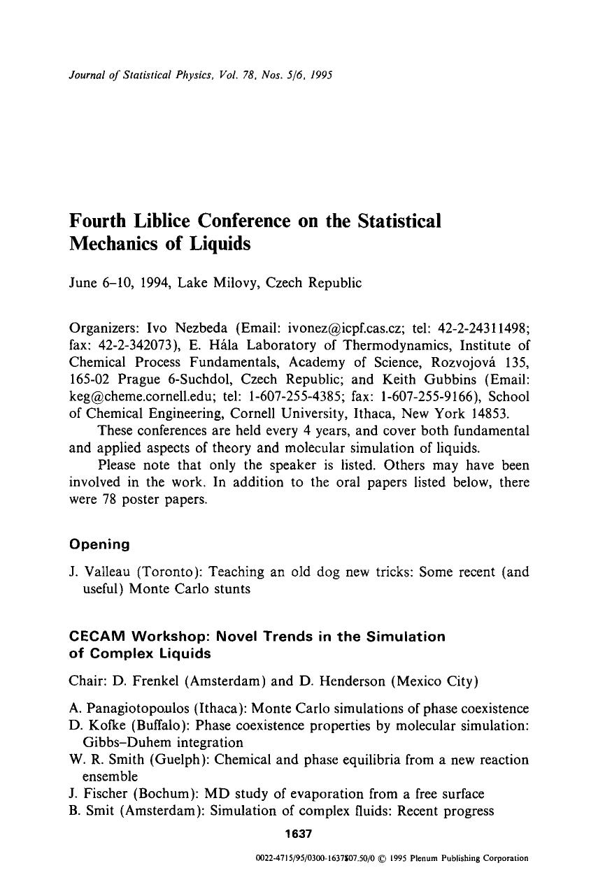 Fourth Liblice Conference on the Statistical Mechanics of Liquids by Unknown