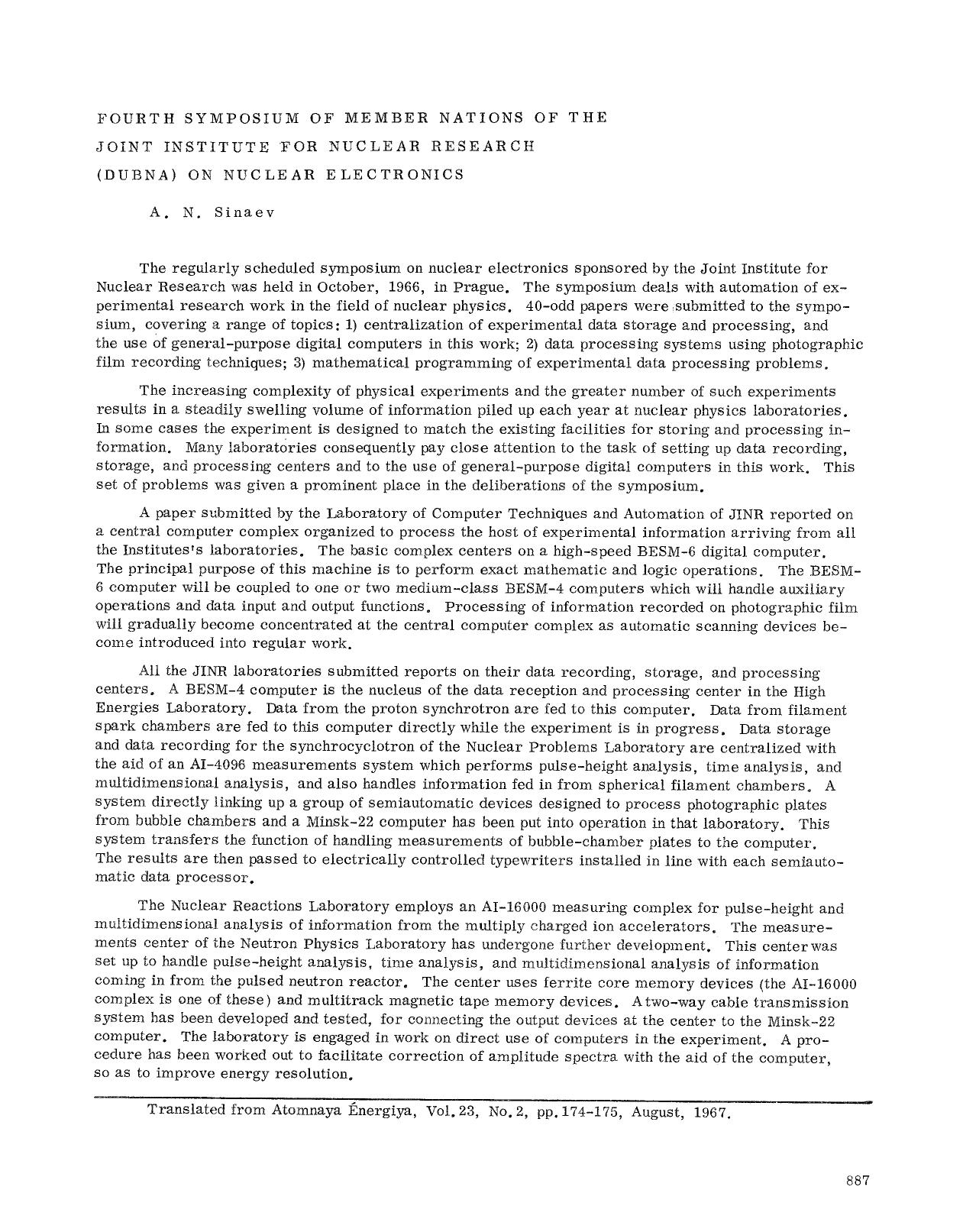 Fourth Symposium of Member Nations of the Joint Institute for Nuclear Research (Dubna) on Nuclear Electronics by Unknown