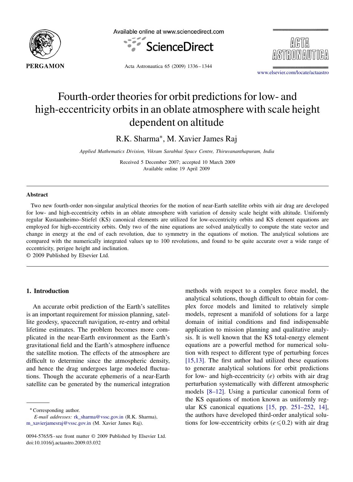Fourth-order theories for orbit predictions for low- and high-eccentricity orbits in an oblate atmosphere with scale height dependent on altitude by R.K. Sharma; M. Xavier James Raj