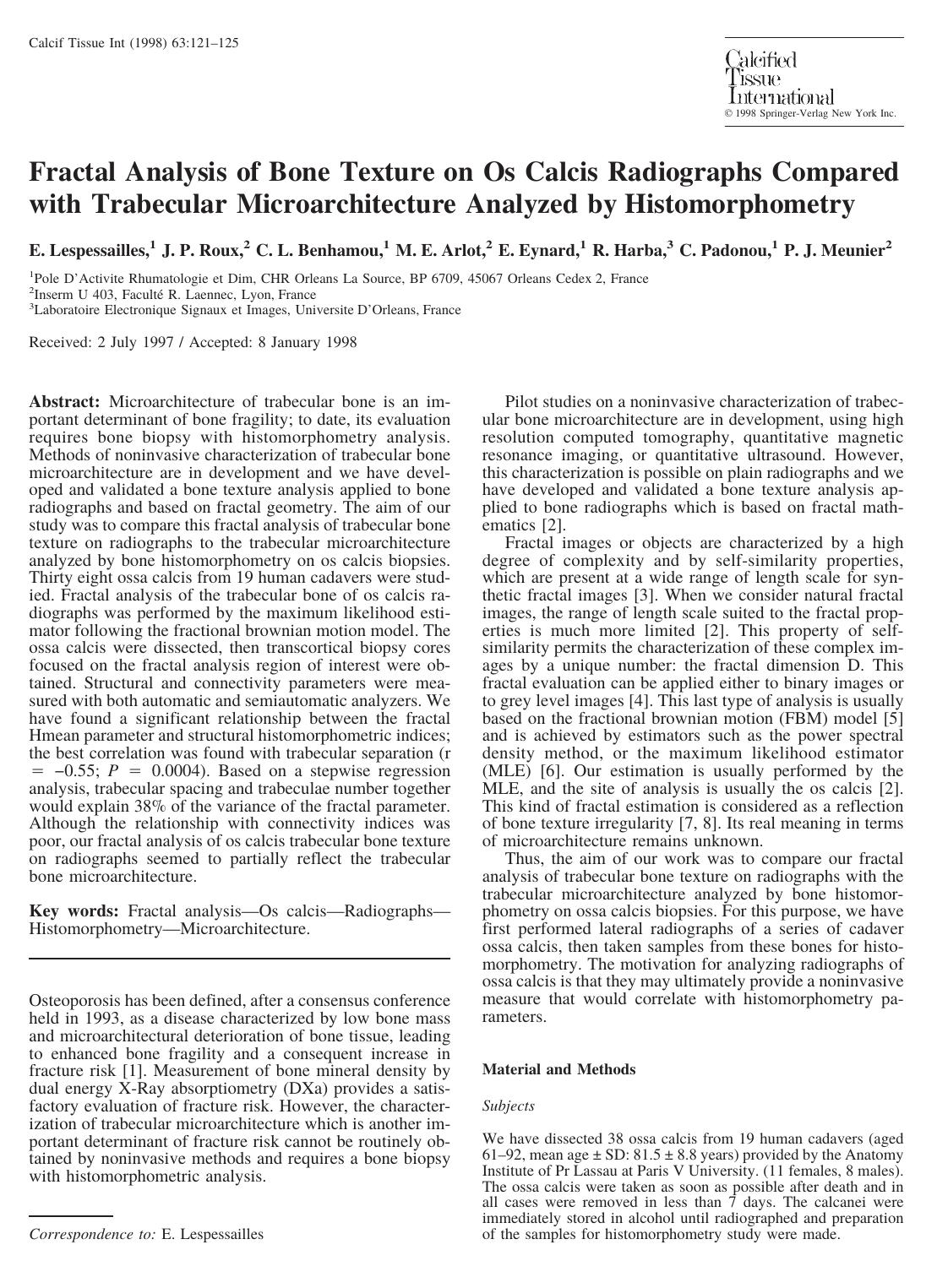 Fractal Analysis of Bone Texture on Os Calcis Radiographs Compared with Trabecular Microarchitecture Analyzed by Histomorphometry by Lespessailles E. et al