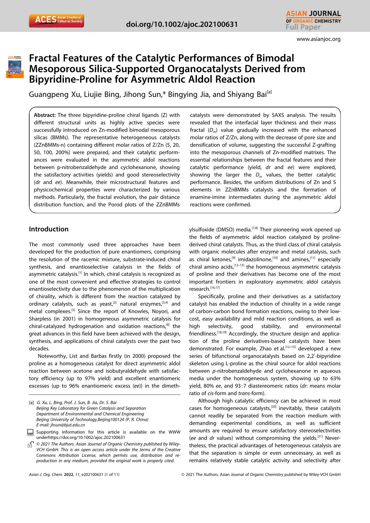 Fractal Features of the Catalytic Performances of Bimodal Mesoporous SilicaâSupported Organocatalysts Derived from BipyridineâProline for Asymmetric Aldol Reaction by Unknown