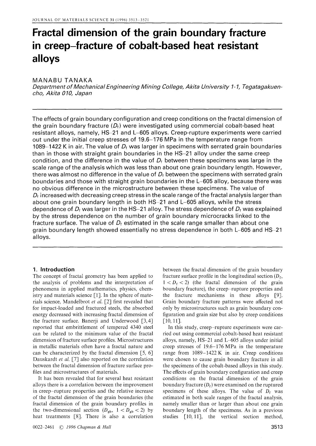 Fractal dimension of the grain boundary fracture in creep-fracture of cobalt-based heat resistant alloys by Unknown