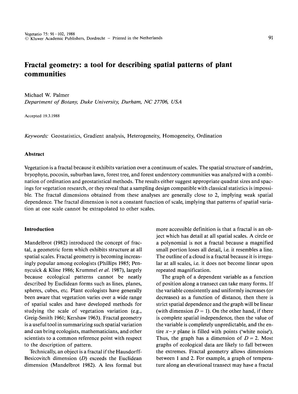 Fractal geometry: a tool for describing spatial patterns of plant communities by Unknown