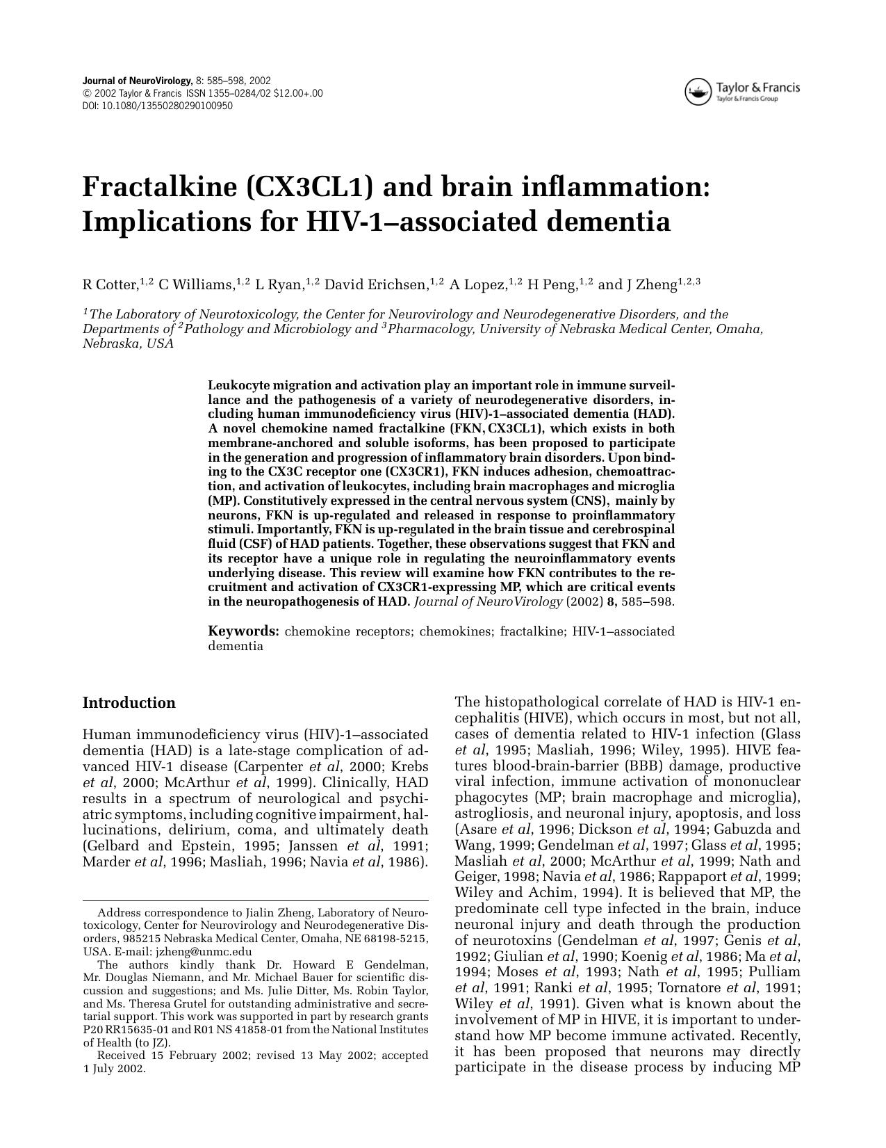Fractalkine (CX3CL1) and brain inflammation: Implications for HIV-1-associated dementia by Unknown