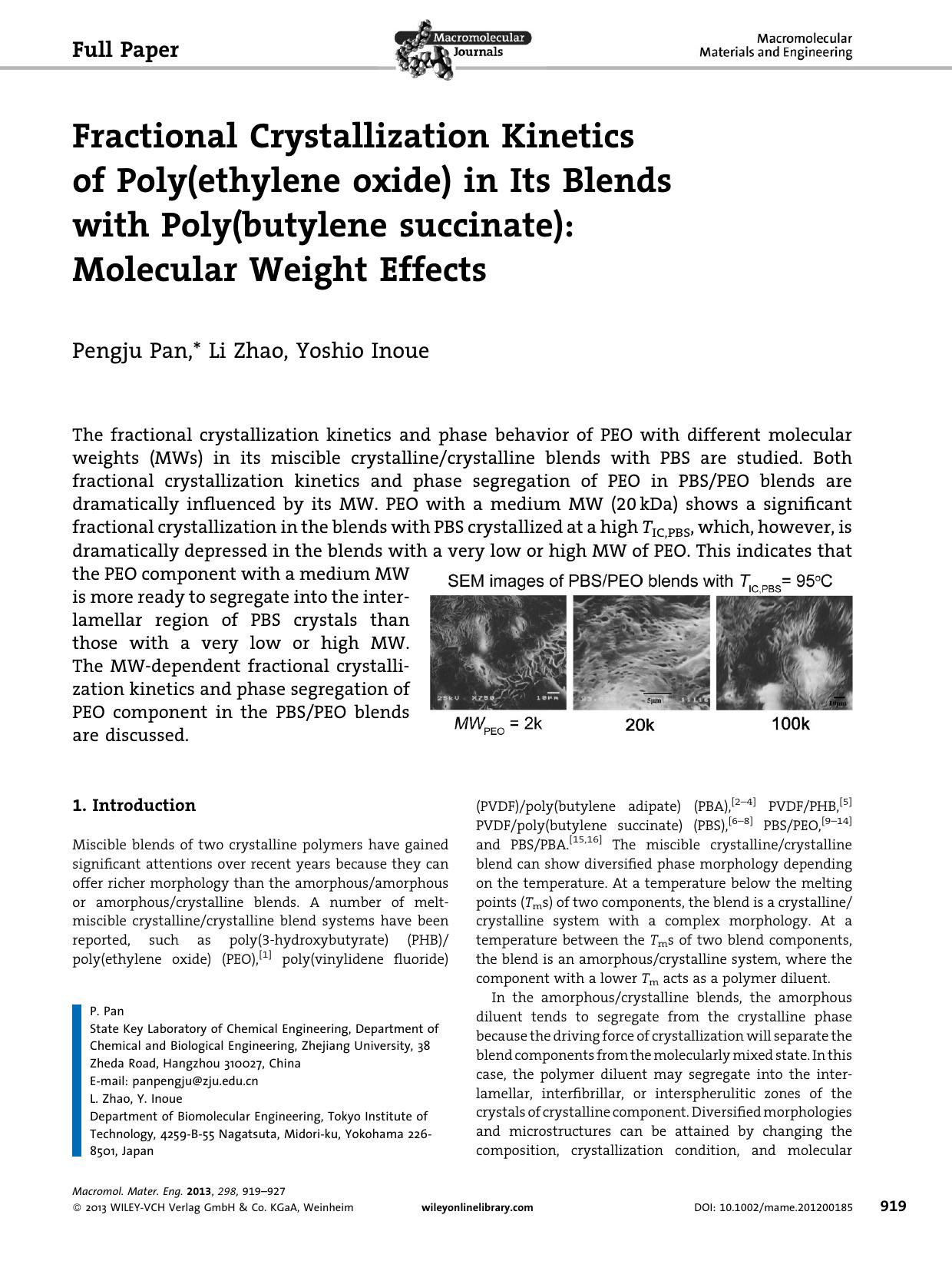 Fractional Crystallization Kinetics of Poly(ethylene oxide) in Its Blends with Poly(butylene succinate): Molecular Weight Effects by Unknown