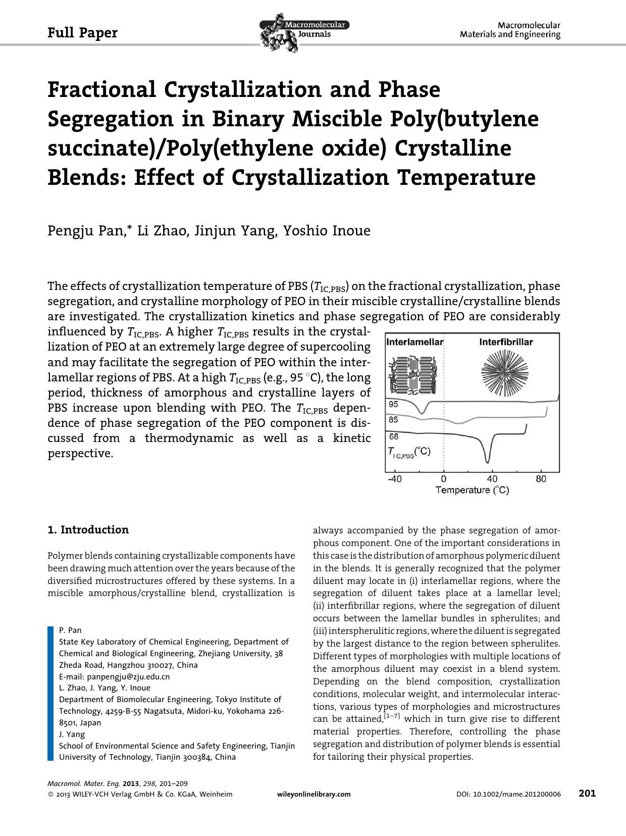 Fractional Crystallization and Phase Segregation in Binary Miscible Poly(butylene succinate)Poly(ethylene oxide) Crystalline Blends: Effect of Crystallization Temperature by Unknown