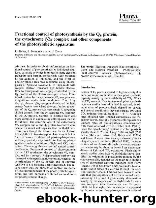 Fractional control of photosynthesis by the Q<Subscript>B<Subscript> protein, the cytochrome <Emphasis Type="Italic">fb<Emphasis> <Subscript>6<Subscript> complex and other componen by Unknown