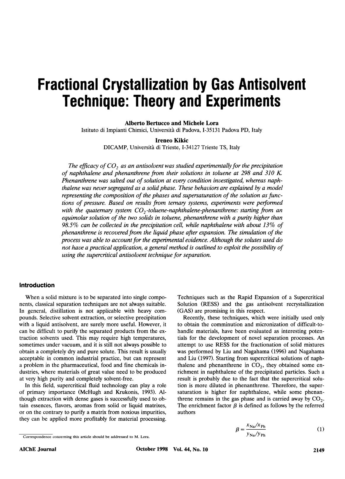 Fractional crystallization by gas antisolvent technique: Theory and experiments by Unknown