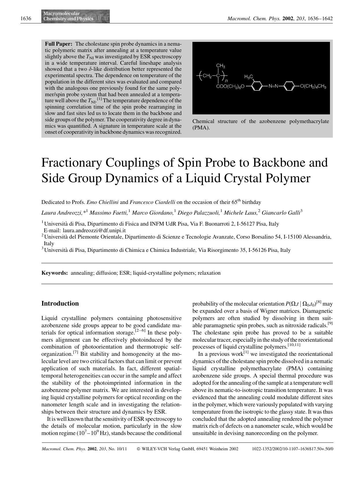 Fractionary couplings of spin probe to backbone and side group dynamics of a liquid crystal polymer by Unknown
