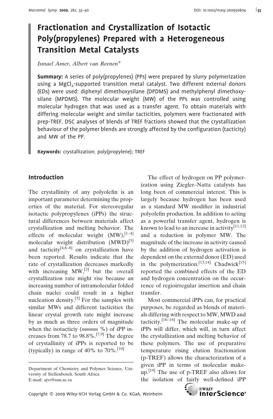 Fractionation and Crystallization of Isotactic Poly(propylenes) Prepared with a Heterogeneous Transition Metal Catalysts by Unknown
