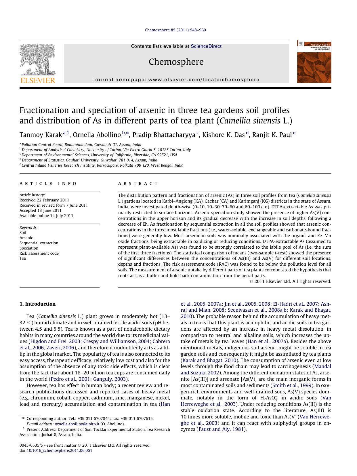 Fractionation and speciation of arsenic in three tea gardens soil profiles and distribution of As in different parts of tea plant (Camellia sinensis L.) by Tanmoy Karak & Ornella Abollino & Pradip Bhattacharyya & Kishore K. Das & Ranjit K. Paul