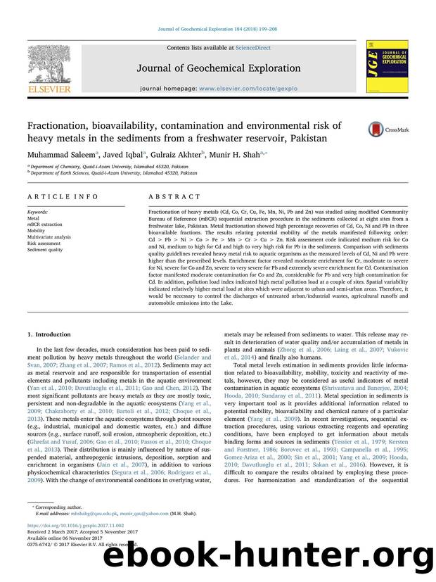 Fractionation, bioavailability, contamination and environmental risk of heavy metals in the sediments from a freshwater reservoir, Pakistan by Muhammad Saleem & Javed Iqbal & Gulraiz Akhter & Munir H. Shah