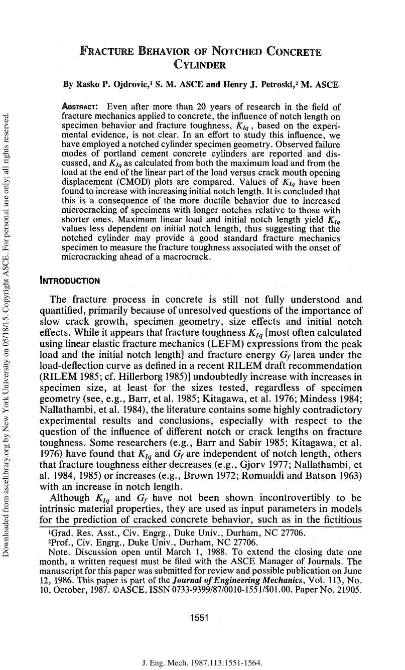 Fracture Behavior of Notched Concrete Cylinder by Ojdrovic R. & Petroski H