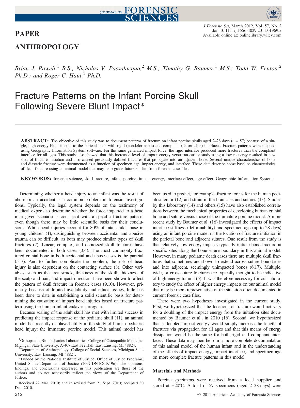 Fracture Patterns on the Infant Porcine Skull Following Severe Blunt Impact by Unknown