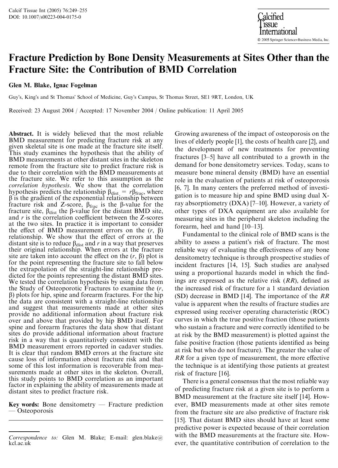 Fracture Prediction by Bone Density Measurements at Sites Other than the Fracture Site: the Contribution of BMD Correlation by Blake G.M. et al