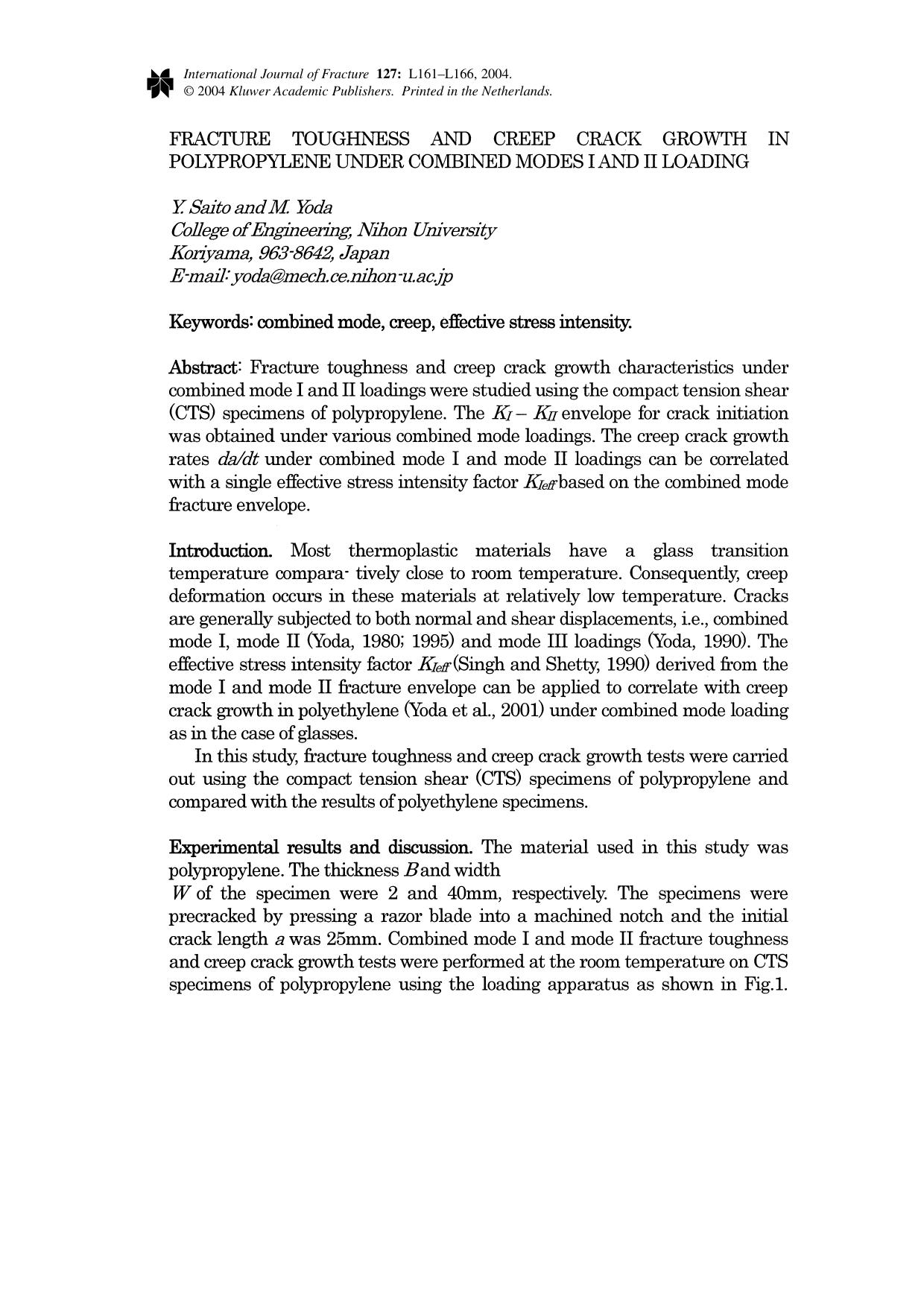 Fracture Toughness and Creep Crack Growth in Polypropylene Under Combined Modes i and ii Loading by Unknown