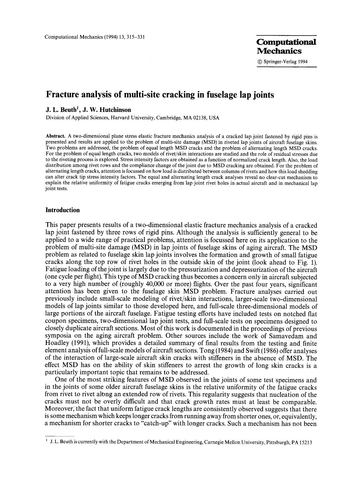 Fracture analysis of multi-site cracking in fuselage lap joints by Unknown