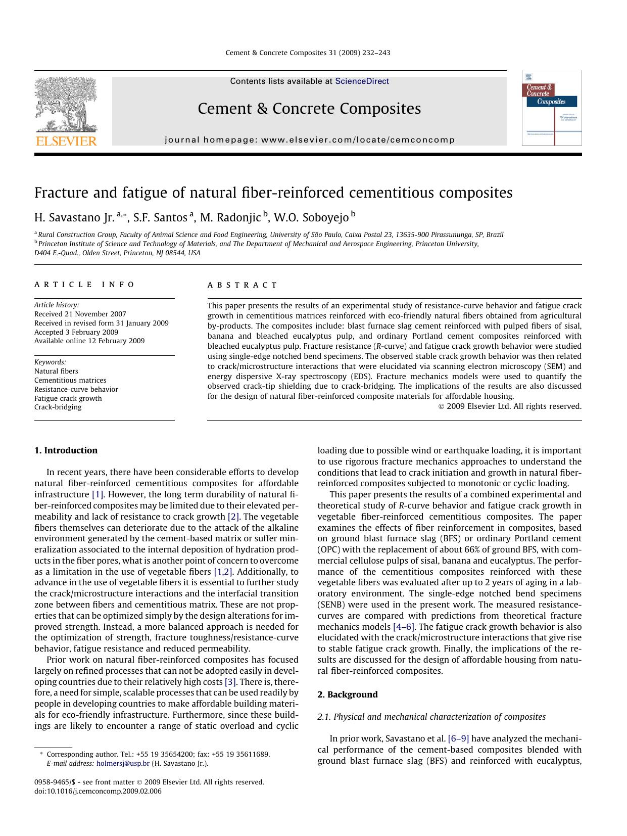 Fracture and fatigue of natural fiber-reinforced cementitious composites by H. Savastano; S.F. Santos; M. Radonjic; W.O. Soboyejo