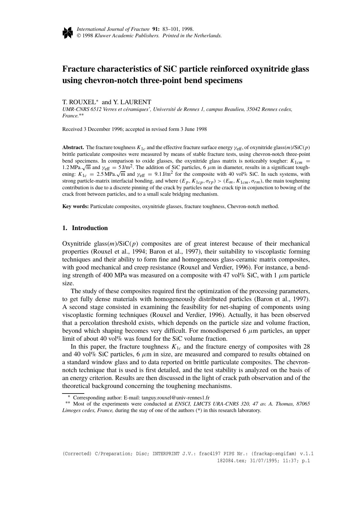 Fracture characteristics of SiC particle reinforced oxynitride glass using chevron-notch three-point bend specimens by Unknown