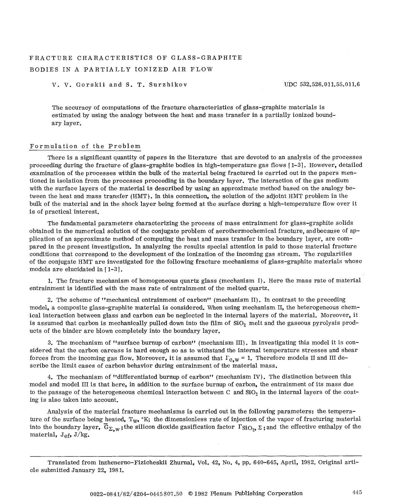 Fracture characteristics of glass-graphite bodies in a partially ionized air flow by Unknown