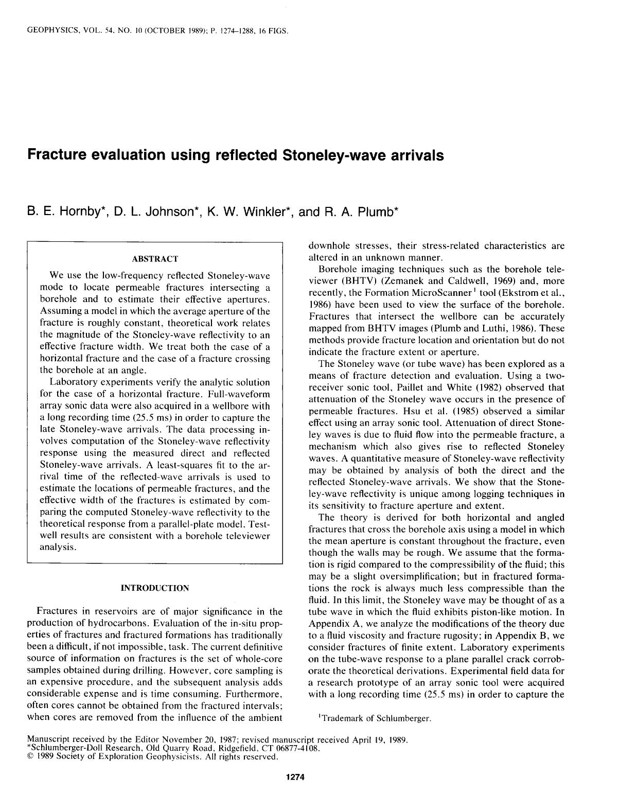 Fracture evaluation using reflected Stoneley-wave arrivals by Hornby B. E.; Johnson D. L.; Winkler K. W.; Plumb R. A
