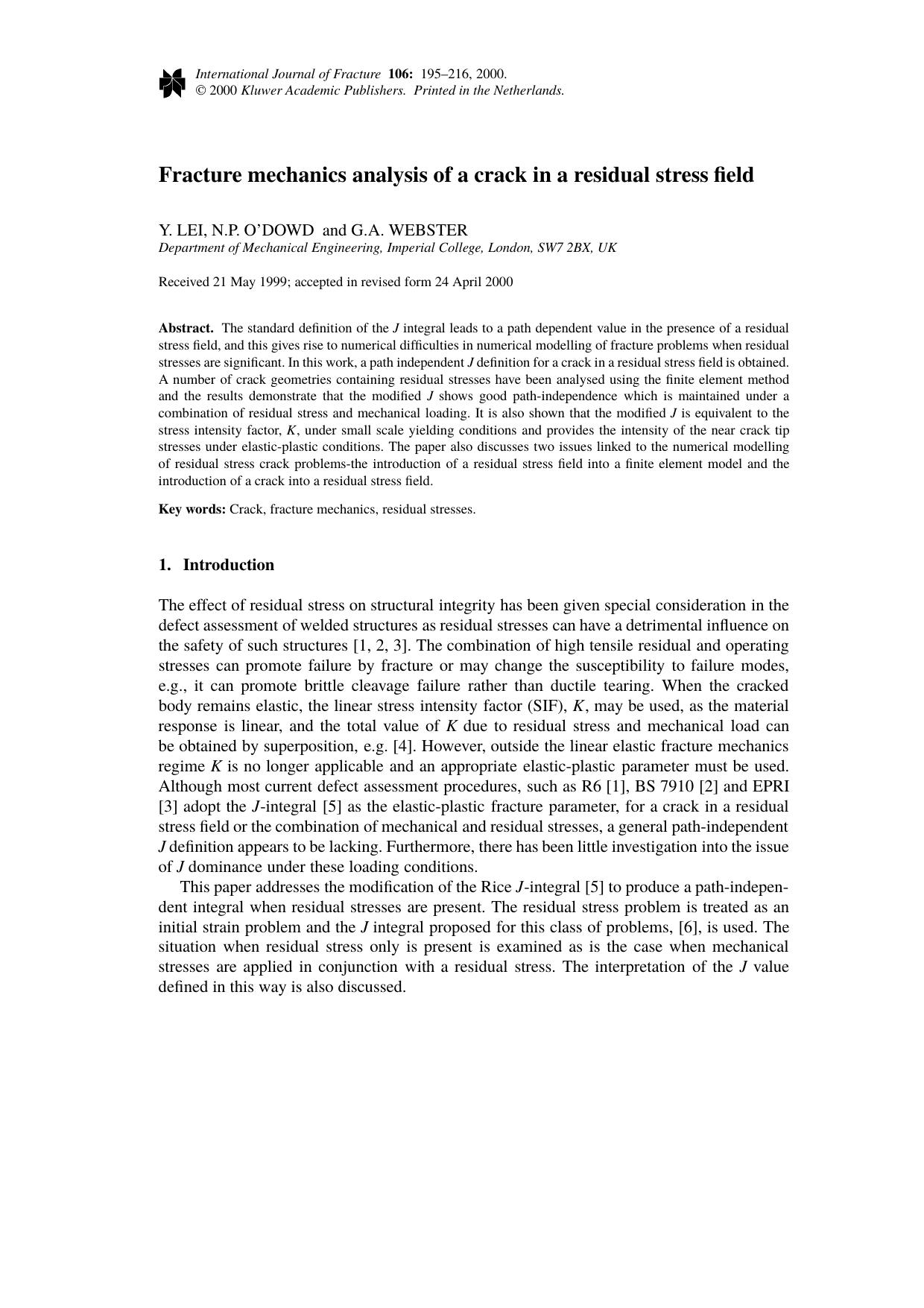 Fracture mechanics analysis of a crack in a residual stress field by Unknown