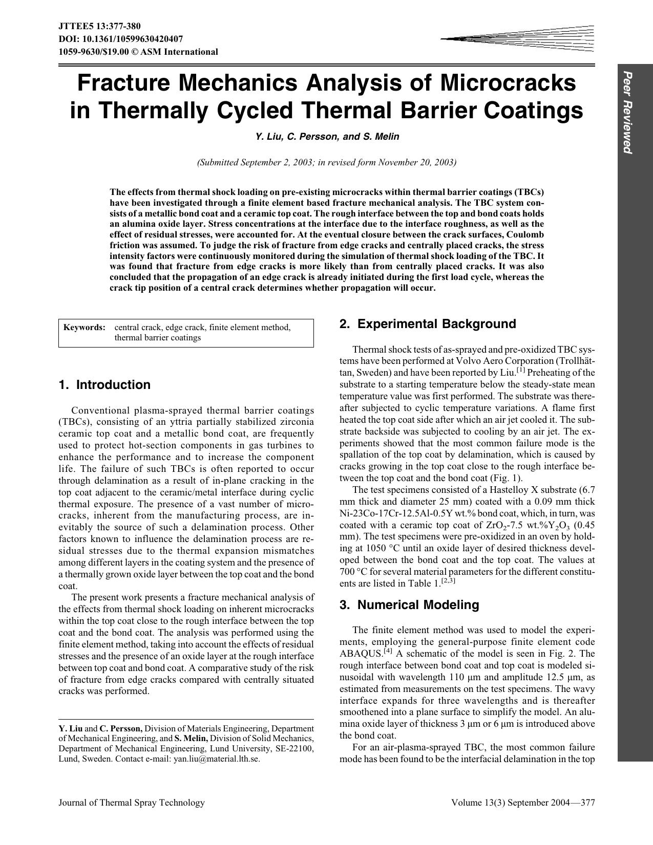 Fracture mechanics analysis of microcracks in thermally cycled thermal barrier coatings by Unknown
