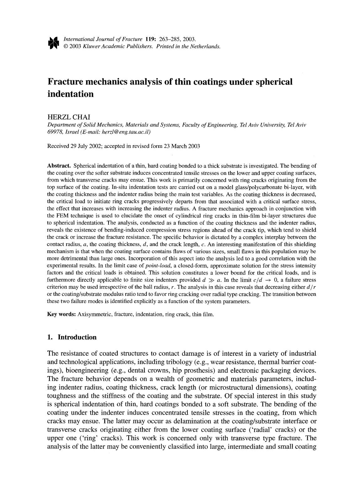 Fracture mechanics analysis of thin coatings under spherical indentation by Unknown