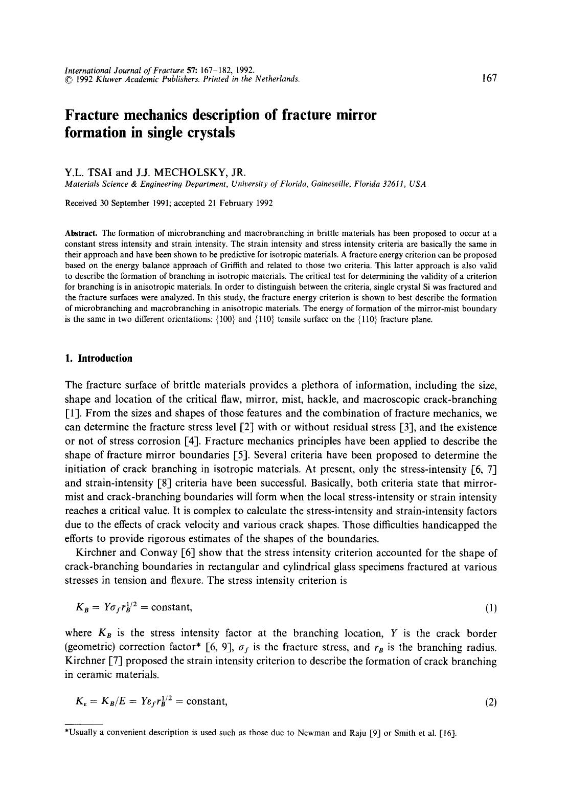 Fracture mechanics description of fracture mirror formation in single crystals by Unknown