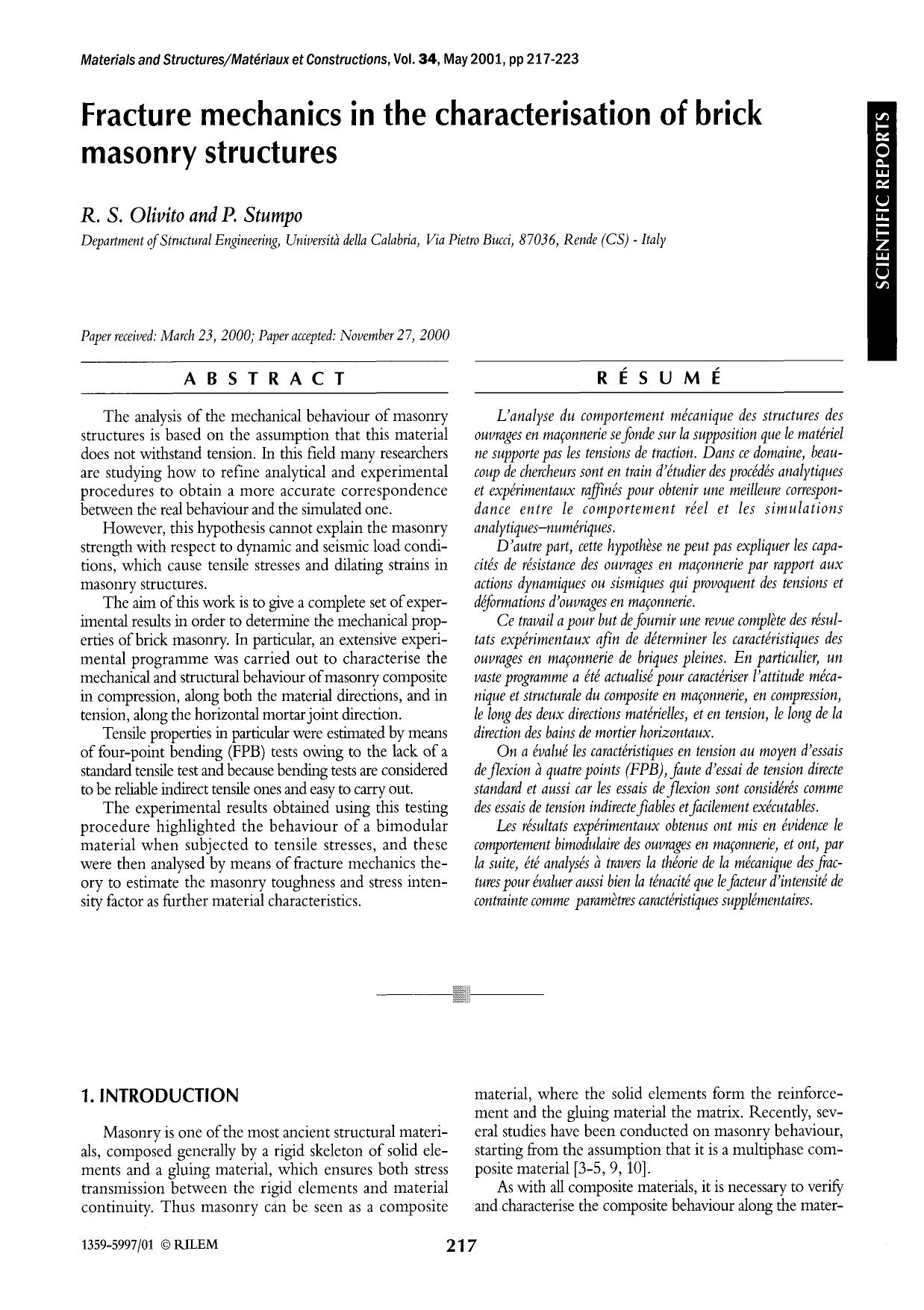 Fracture mechanics in the characterisation of brick masonry structures by Unknown