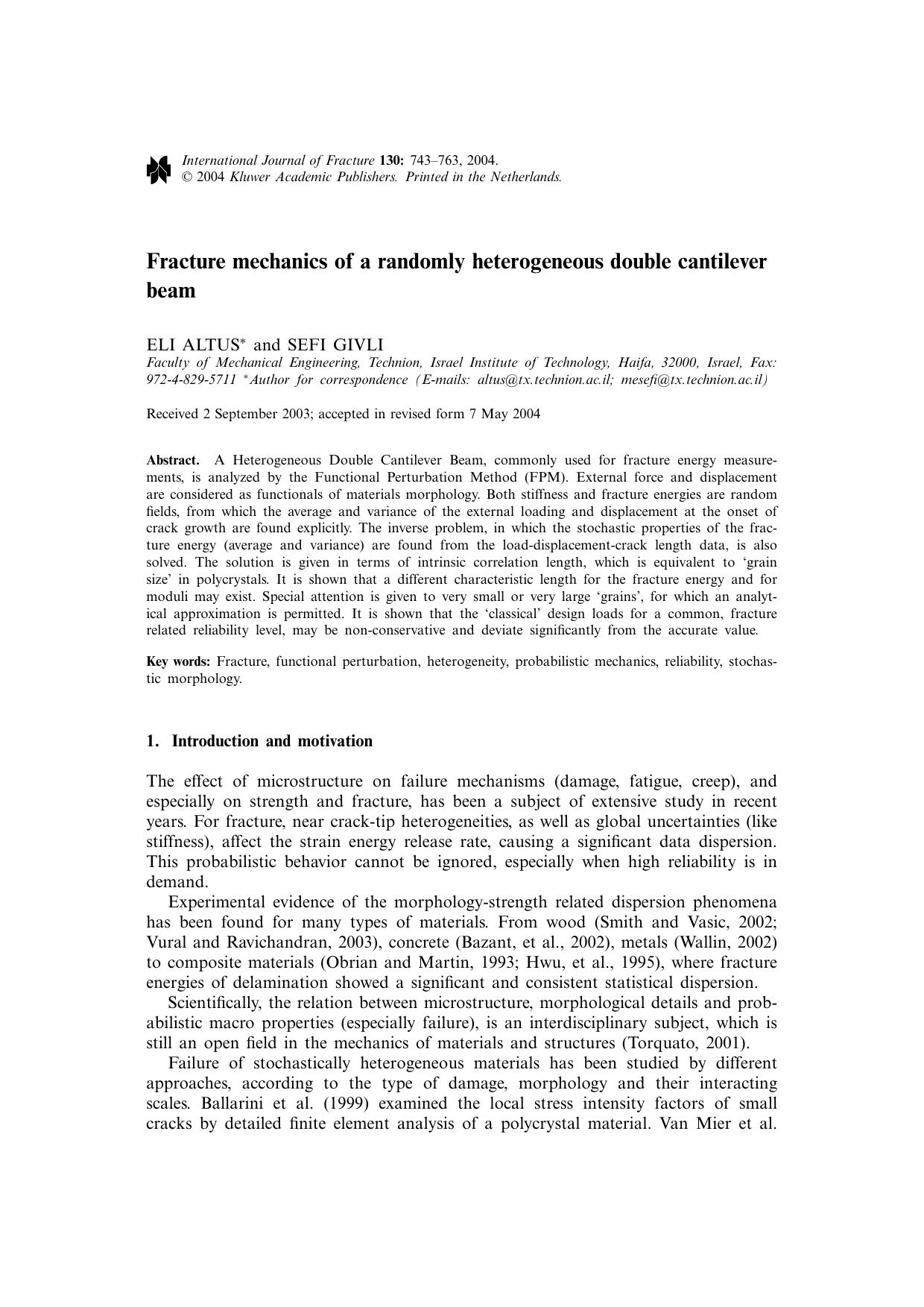 Fracture mechanics of a randomly heterogeneous double cantilever beam by Unknown
