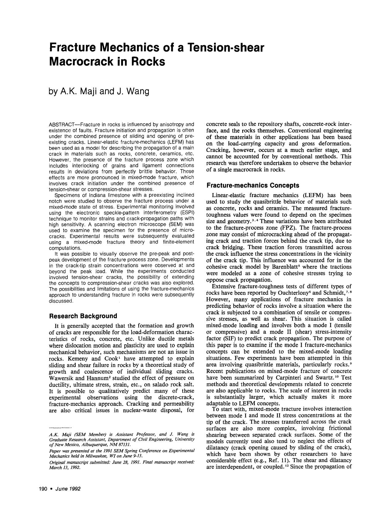 Fracture mechanics of a tension-shear macrocrack in rocks by Unknown