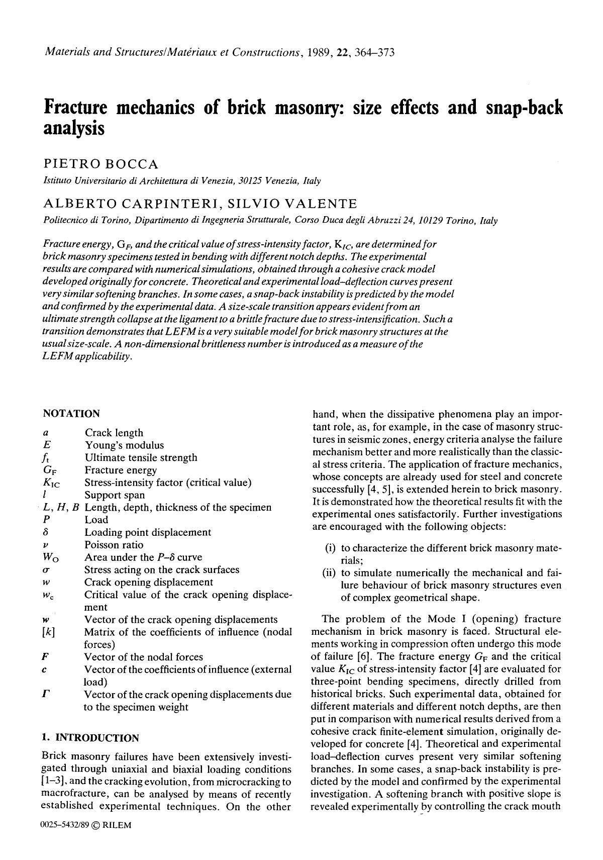 Fracture mechanics of brick masonry: size effects and snap-back analysis by Unknown