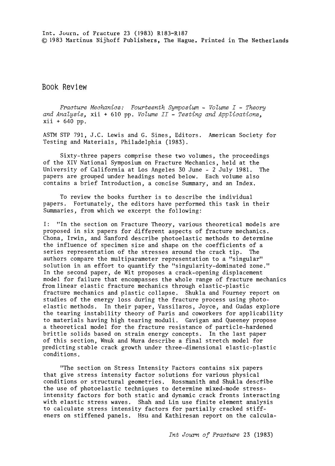 Fracture mechanics: Fourteenth Symposium &#x2014; Volume I &#x2014; Theory and analysis by Unknown