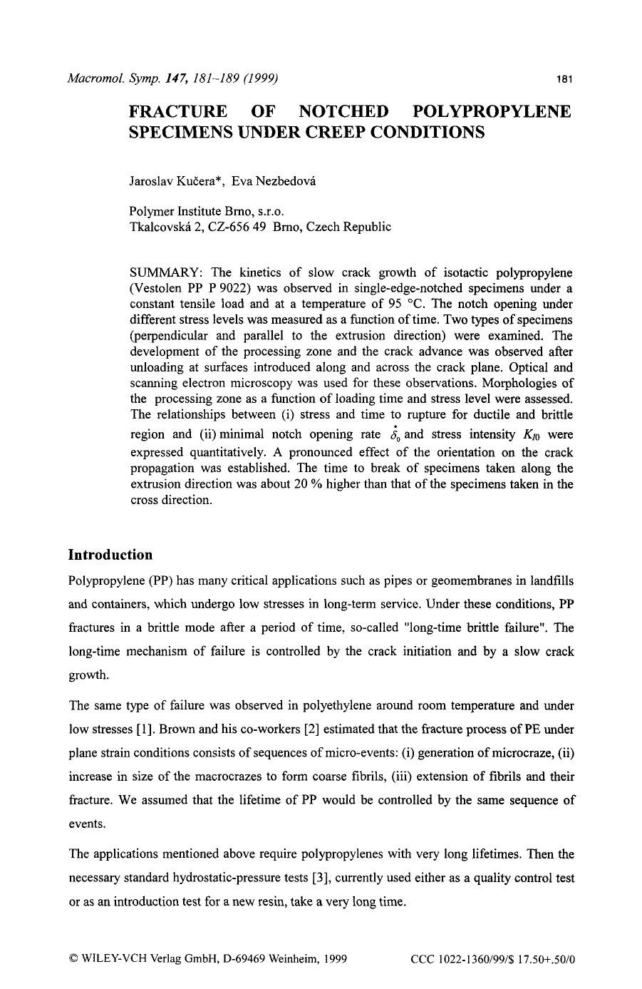 Fracture of notched polypropylene specimens under creep conditions by Unknown