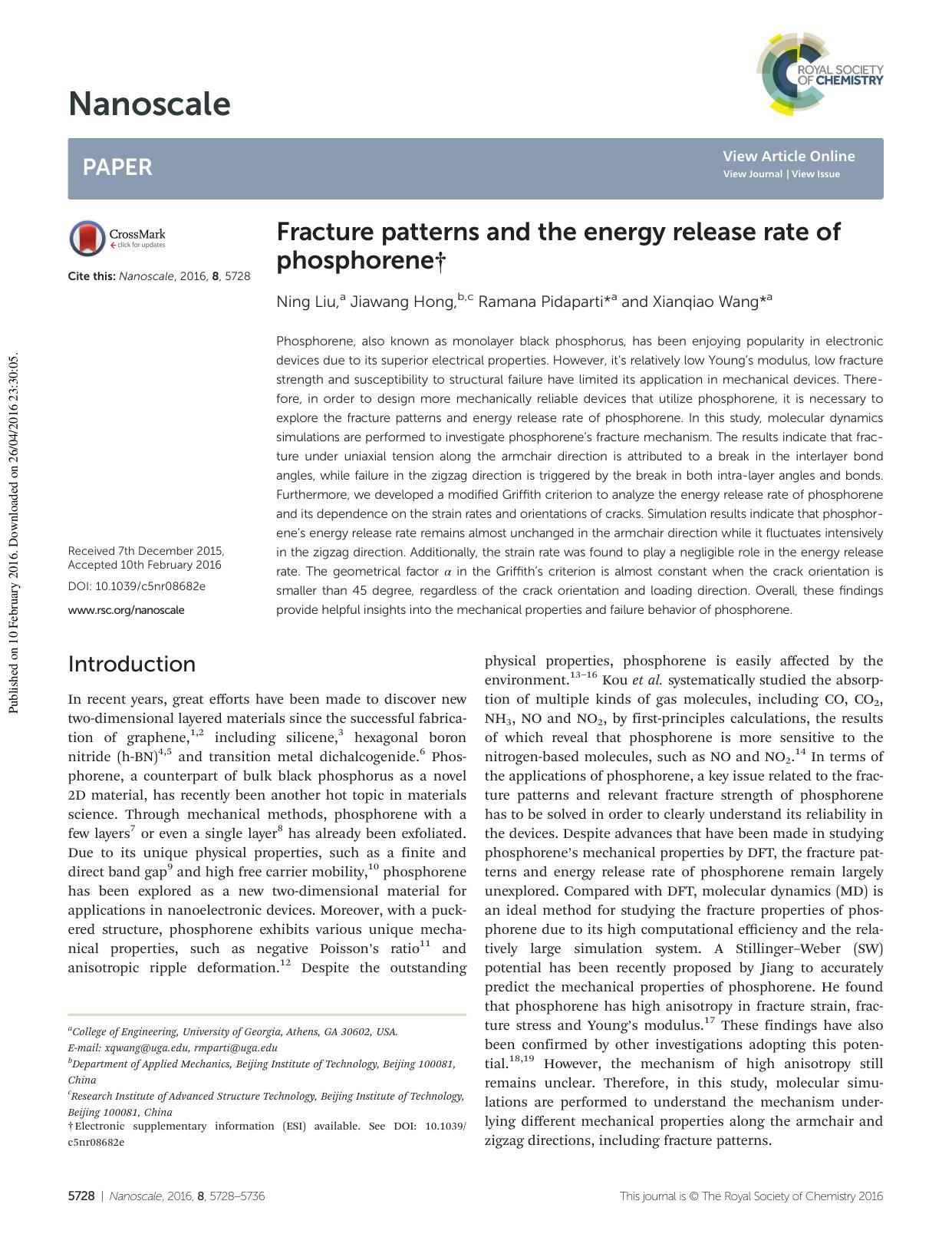 Fracture patterns and the energy release rate of phosphorene by Ning Liu Jiawang Hong Ramana Pidaparti Xianqiao Wang