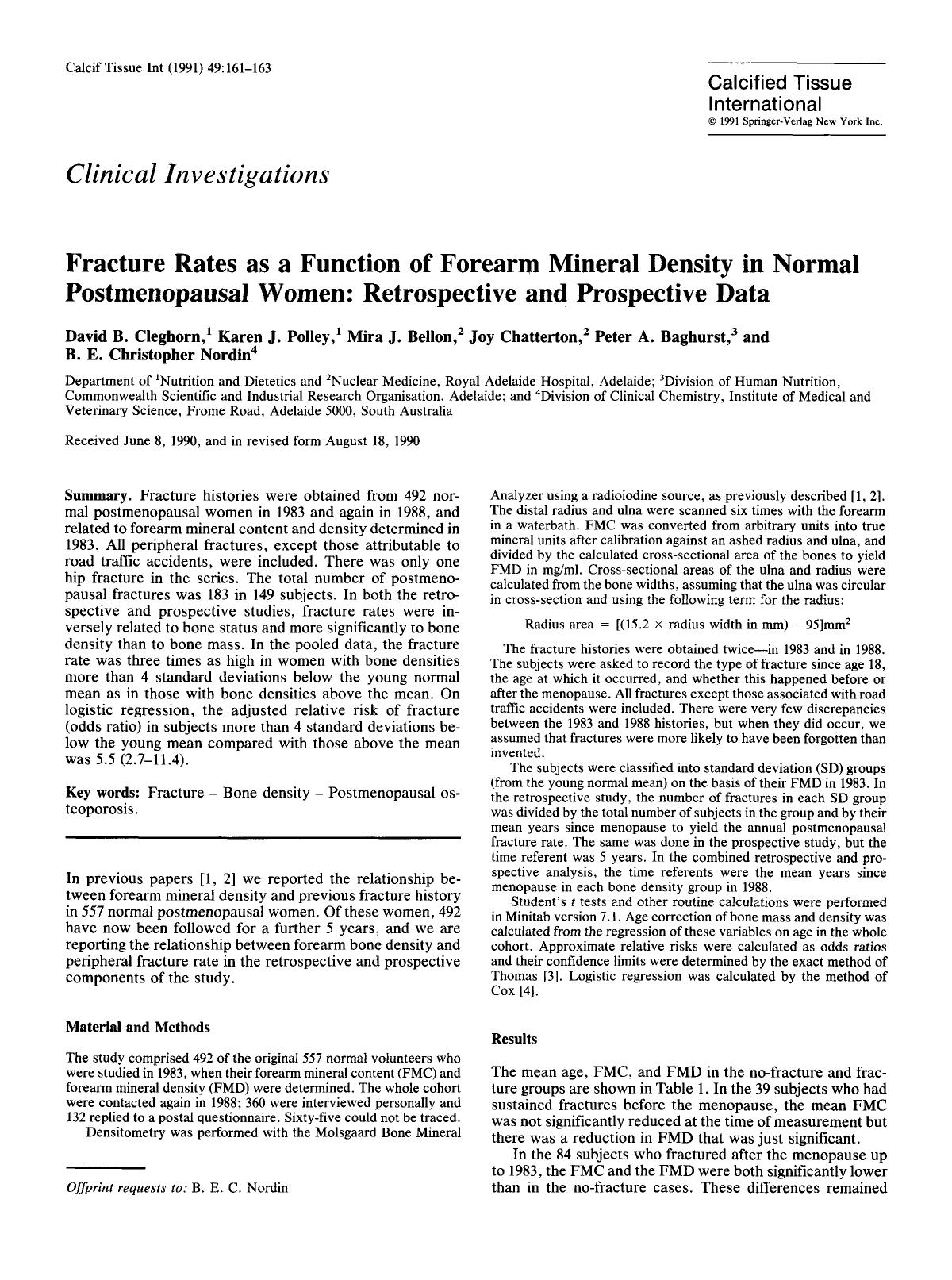 Fracture rates as a function of forearm mineral density in normal postmenopausal women: Retrospective and prospective data by Unknown