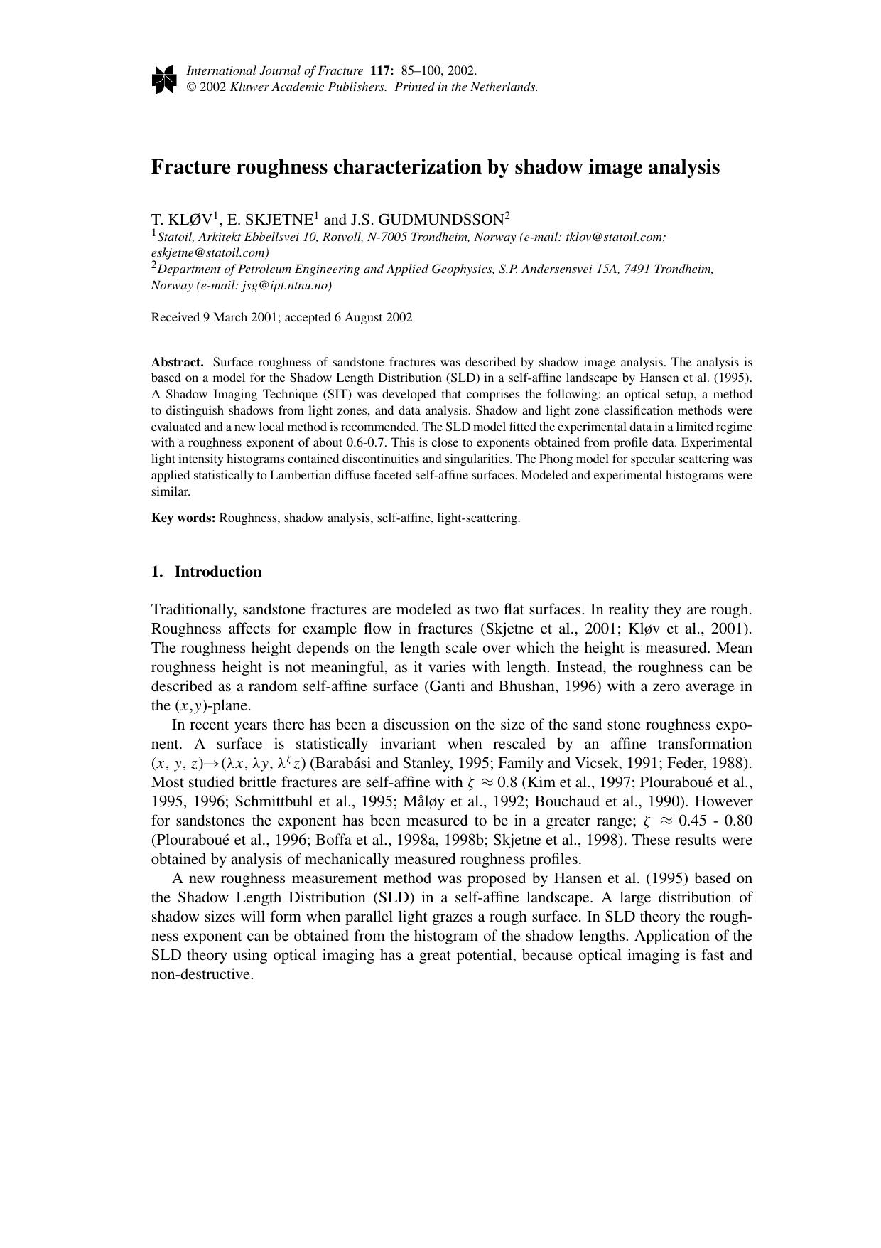 Fracture roughness characterization by shadow image analysis by Unknown